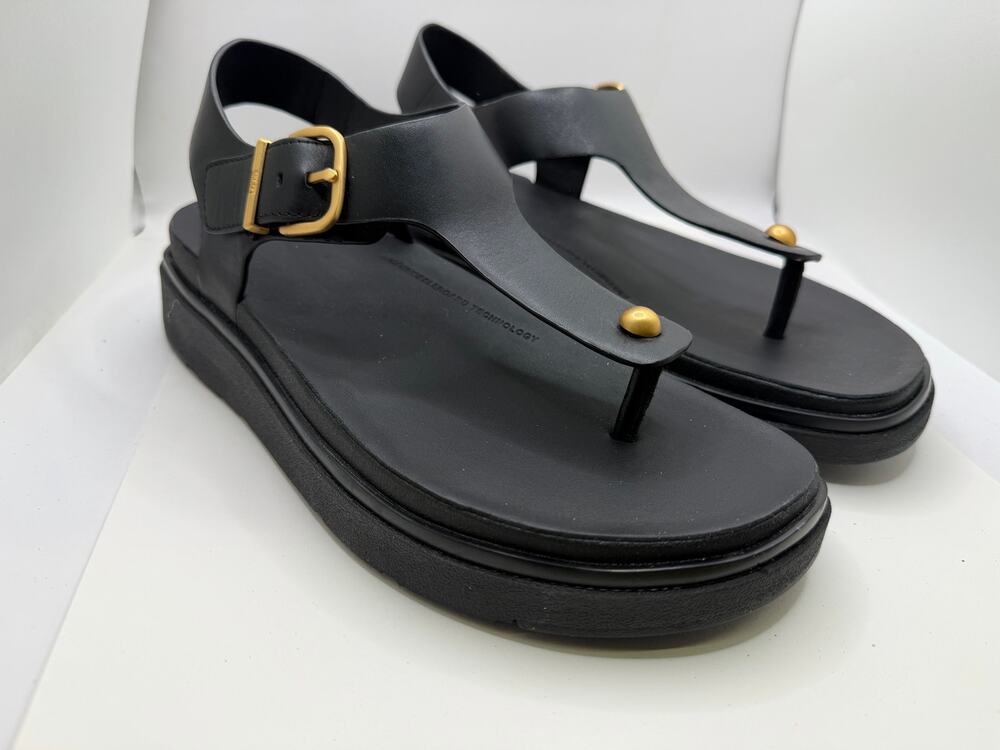 FitFlop Black Leather Gen-FF Back Strap Toe Post Sandal Gold Stud Comfort 8.5
